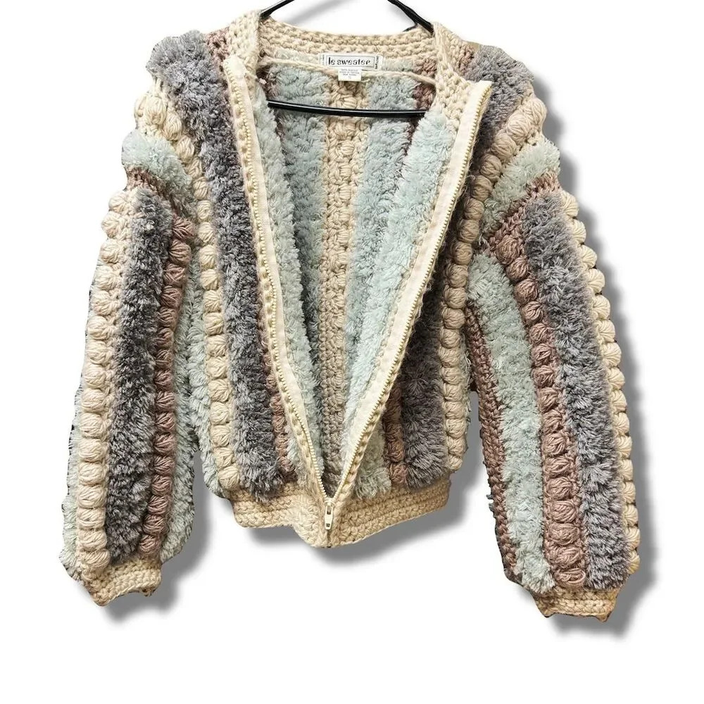Vintage Le Sweater Women's S Striped Hand Knit Pom Pom Cardigan